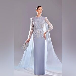 REVERIE COUTURE SS2499 DRESS Pale Blue Lace-Embellished Long Sleeve Evening Gown